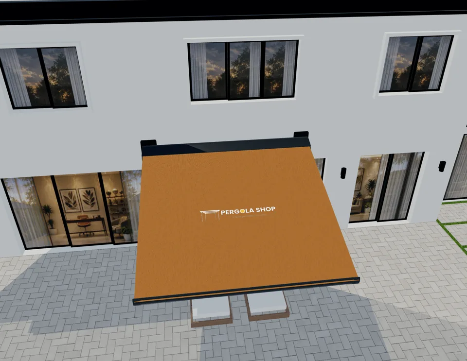 3D view of a configurable awning used to explain Mediterranean markets: awning and shade-system configurators, custom software and rollout.