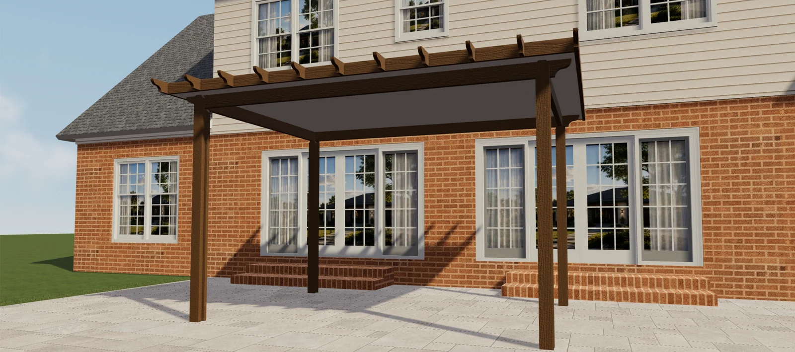 3D preview of a brown wood-look pergola with a covered roof and decorative rafter ends beside a brick house.