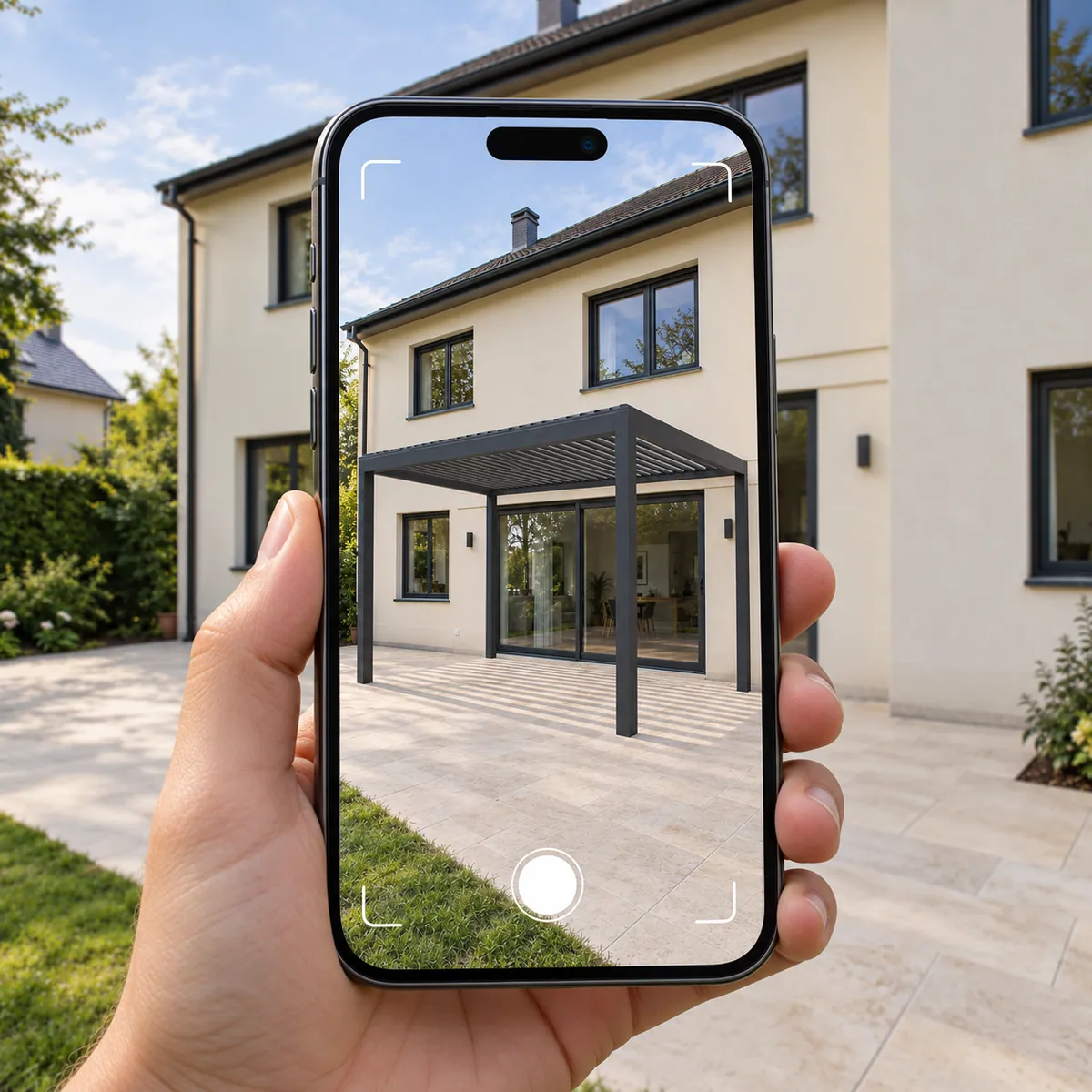 Phone AR visualization showing a louvred pergola model on a patio, with the real-world house behind it.