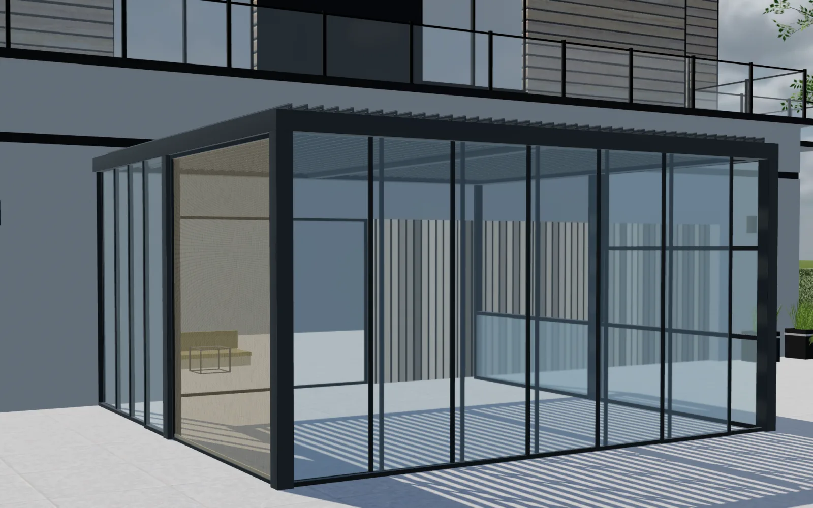 3D view of a configurable pergola used to explain Europe: pergola configurators, custom software and rollout.